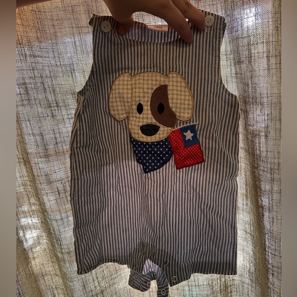 Striped Baby Romper with Dog Patch for 4th of July 18M